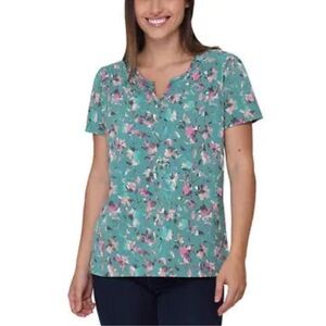 Nicole Miller Floral Printed Ruched Short Sleeve T-shirt Teal Blue Pink XL